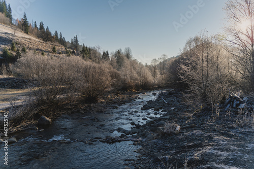 Frosty morning. Hoarfrost in the trees. Mountain river in the village. Ukrainian Carpathian mountains. Autumn in the mountains. © Vitaly