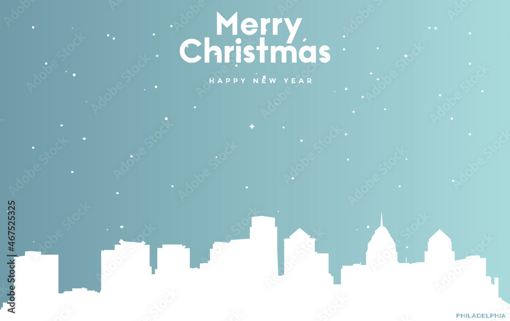 Christmas and new year blue greeting card with white cityscape of Philadelphia