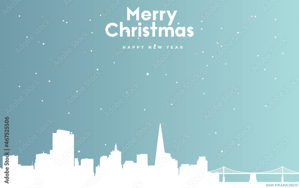 Christmas and new year blue greeting card with white cityscape of San Francisco