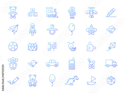 Collection of toys icons on white background. Line style with blue gradient vector illustration.