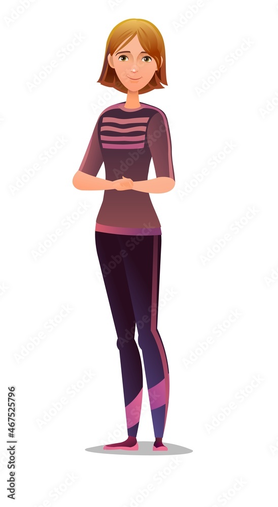 Fototapeta premium Woman in tracksuit. Girl got ready for sports activities. Cheerful person. Standing pose. Cartoon comic style flat design. Single character. Illustration isolated on white background. Vector