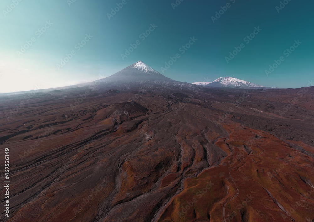 Aerial panorama of the mountain volcano valley