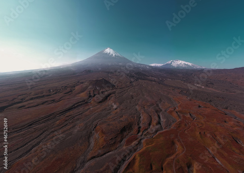 Aerial panorama of the mountain volcano valley