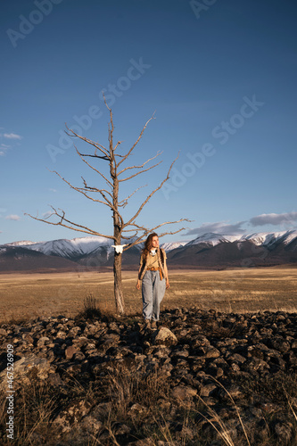 Woman and dry lonely tree in mountain valley. Snowy peaks of mountains on background, autumn yellow grass landscape