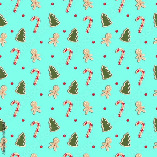 vector seamless pattern with Christmas cookies and caramel cane