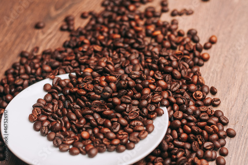 coffee beans Hot drink spilled grains wooden table