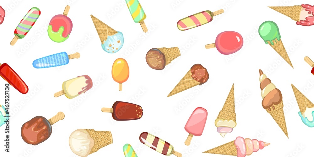 Ice cream pattern seamless. Nice Background illustration. Wallpaper print. In waffle glasses and cones. Popsicle on sticks. Summer food sweet dessert. Flat design. Vector. Ice cream pattern seamless. Nice Background illustration. Wallpaper print. In waffle glasses and cones. Popsicle on sticks. Summer food sweet dessert. Flat design. Vector.