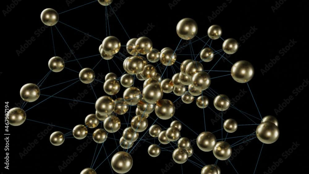 3D abstract animation with golden spheres connected and camera shaked effect on black background
3D abstract animation with golden spheres connected and camera shaked effect on black background