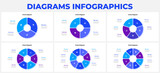 Slides with pie charts infographics elements for presentation. Vector info graphic cycle design templates. Concept with 3, 4, 5, 6, 7 and 8 options, parts or steps