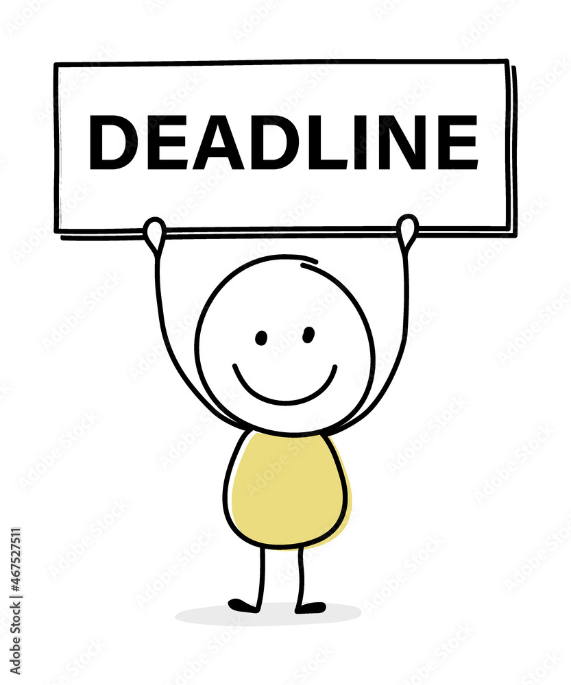 Smiley cartoon caricature with text on a board - deadline. Business concept. Vector Smiley cartoon caricature with text on a board - deadline. Business concept. Vector