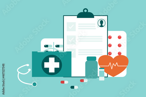 Capsules, blisters and glass bottles with medicine vector