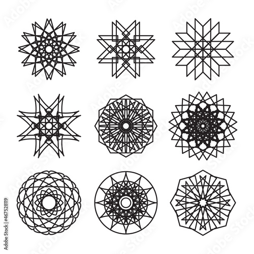 Linear ornamental logo templates set. Vector arabic geometric circular symbols isolated on white. Editable stroke for customization and motion design