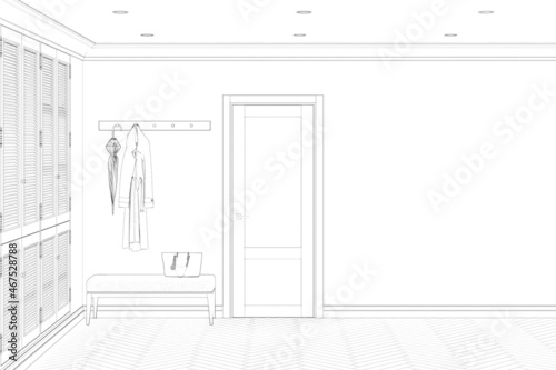 Sketch of the entrance hall in a modern classic style with a blank wall, an entrance door, a clothes hanger over a bench, a built-in wardrobe, a parquet floor. Front view. 3d render