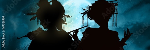 Fotografie Silhouette of a prostitutes of Yoshiwara brothel having smoke tubes in front of blue creepy full moon