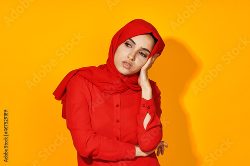 cheerful woman muslim clothing fashion modern style isolated background © VICHIZH