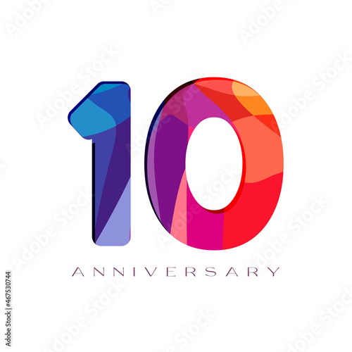 10th anniversary numbers. 10 years old logotype concept. Isolated abstract graphic design template. Creative bright 1 and 0 digits. Stained-glass digits. Up to 10% or -10% off discount, shopping idea.