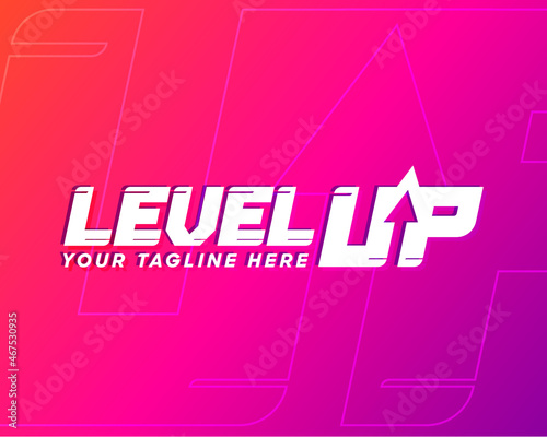 Purple gradient level up logotype. Typography logo design. Creative negative space logo. Flat and minimal logo design. Gaming dynamic logo design.