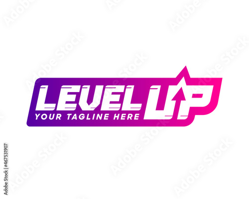 Purple gradient level up logotype. Typography logo design. Creative negative space logo. Flat and minimal logo design. Gaming dynamic logo design.