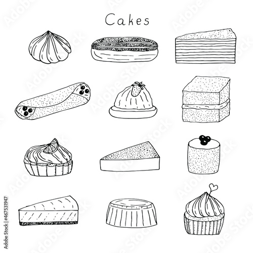 Cakes set vector illustration, hand drawing sketch