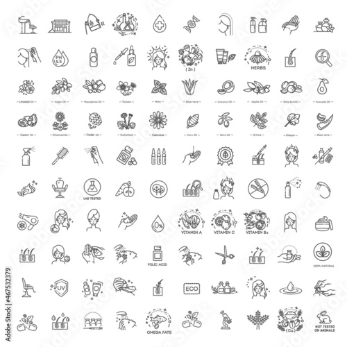 Hair treatment line icon set. Hair strengthening and growth