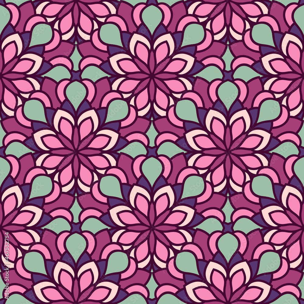 Abstract seamless mandala background. Texture in purple and green colors. Oriental pattern for design, fashion print, scrapbooking Abstract seamless mandala background. Texture in purple and green colors. Oriental pattern for design, fashion print, scrapbooking