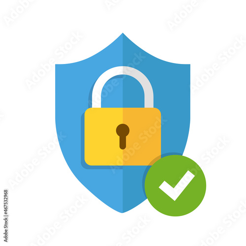 Shield with lock and check mark flat vector icon. Security sign with padlock and checkmark. Vector illustration.