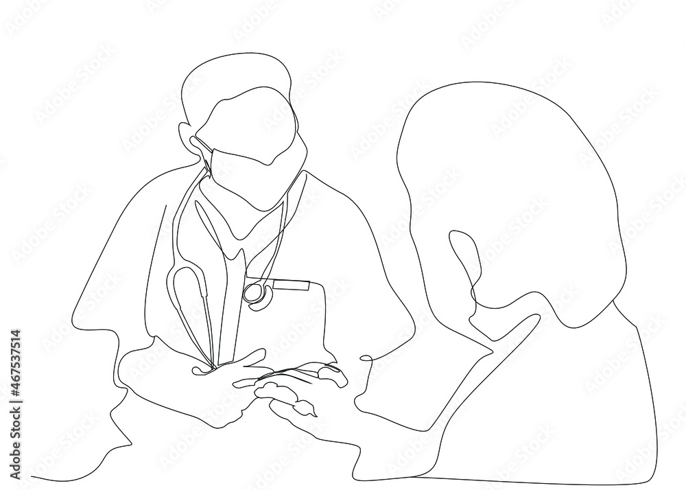 Doctor in masked uniform holding patient's hand and explaining. Sick person coming to visit his doctor and appointment. Doctor in masked uniform holding patient's hand and explaining. Sick person coming to visit his doctor and appointment.