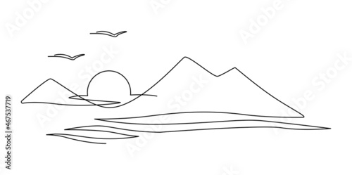 Sunset over the sea. Continuous line drawing. Vector illustration. Isolated on white background