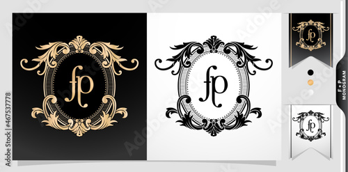 illustration of a FP or PF monogram, coat of arms FP initial letter. graphic name Frames and Border of floral designs, applicable for insignia, wedding couple name, badge label premium design
