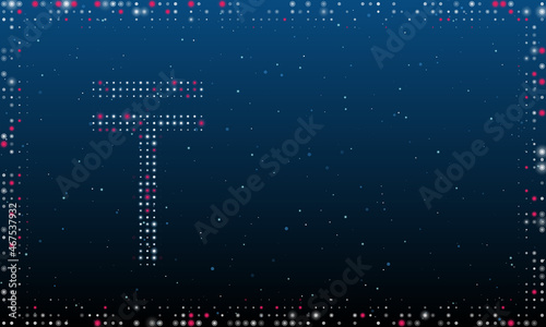 On the left is the tenge symbol filled with white dots. Pointillism style. Abstract futuristic frame of dots and circles. Some dots is pink. Vector illustration on blue background with stars