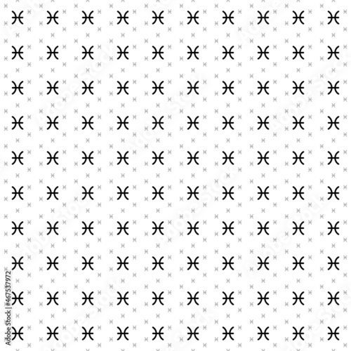 Square seamless background pattern from geometric shapes are different sizes and opacity. The pattern is evenly filled with big black zodiac pisces symbols. Vector illustration on white background