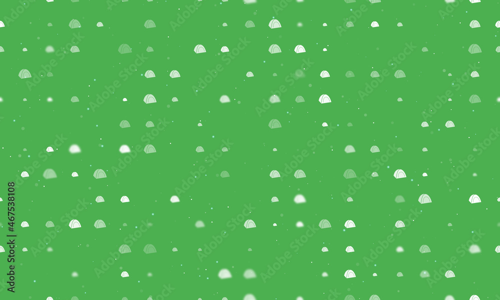 Seamless background pattern of evenly spaced white tourist tents of different sizes and opacity. Vector illustration on green background with stars