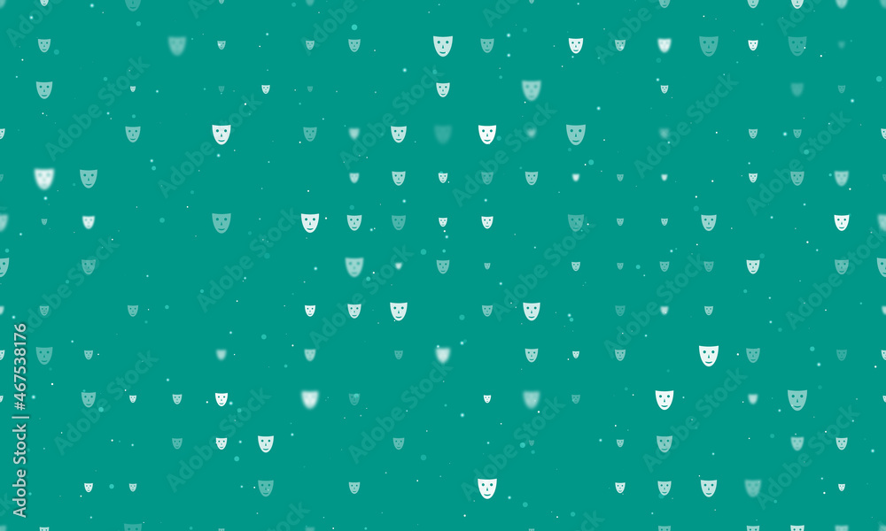 Seamless background pattern of evenly spaced white theatrical masks of different sizes and opacity. Vector illustration on teal background with stars