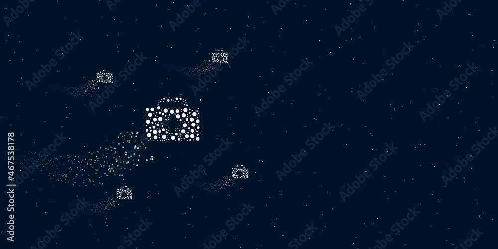 A first aid symbol filled with dots flies through the stars leaving a trail behind. Four small symbols around. Empty space for text on the right. Vector illustration on dark blue background with stars A first aid symbol filled with dots flies through the stars leaving a trail behind. Four small symbols around. Empty space for text on the right. Vector illustration on dark blue background with stars