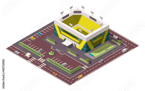 Isometric sport arena. Place for biggest sport competitions.  icon or infographic element representing football basketball or hockey stadium with cars and buses on the street