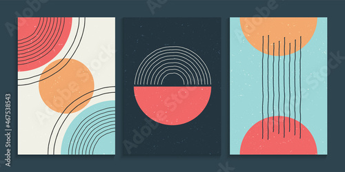 Minimalist wall art with colorful primitive shapes elements in grunge background