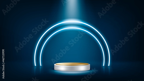 Gold pedestal or podium on dark background for product demonstration. Vector illustration.