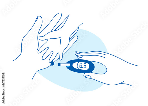 Mother help sugar test diabetes kid, blood sugar meter doodle style drawing.