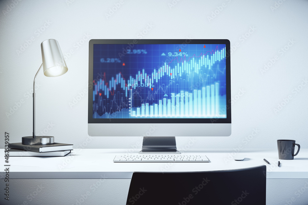 Abstract creative financial graph on modern laptop screen, forex and investment concept. 3D Rendering Abstract creative financial graph on modern laptop screen, forex and investment concept. 3D Rendering