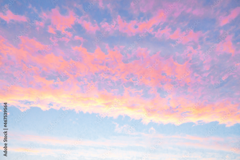 Morning sunrise, cold autumn. Pink clouds on blue sky Morning sunrise, cold autumn. Pink clouds on blue sky