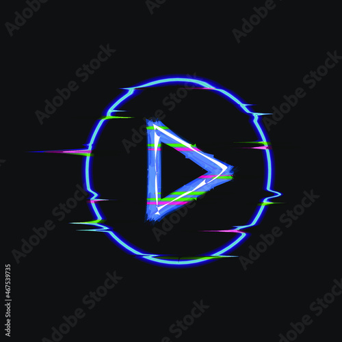 Vector Glitch Effect Circle and Triangle Shapes, PLAY Icon, Glowing Design Element Isolated on Dark Background.