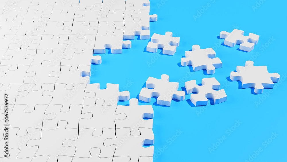 Unfinished white jigsaw puzzle pieces on a blue background,3d rendering
