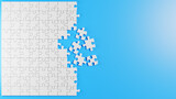 Unfinished white jigsaw puzzle pieces on a blue background,3d rendering