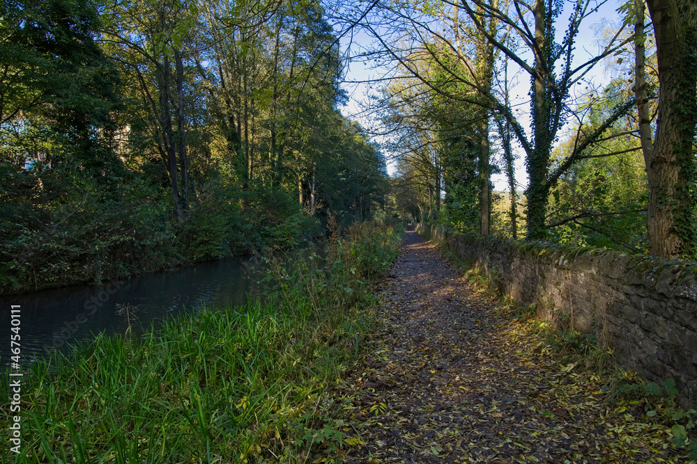Autumn morning beside the disused Cromford canal on the Derwent Valley Heritage Trail near Cromford in Derbyshire.