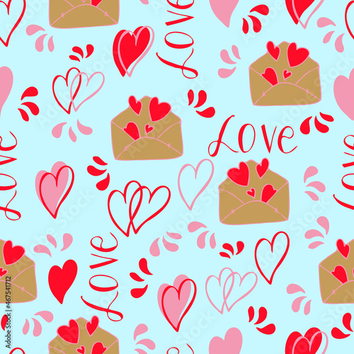 vector seamless pattern of hearts and gifts with congratulations declaration of love on Valentine's Day 14 February. Background for invitations, wallpaper, wrapping paper and scrapbooking