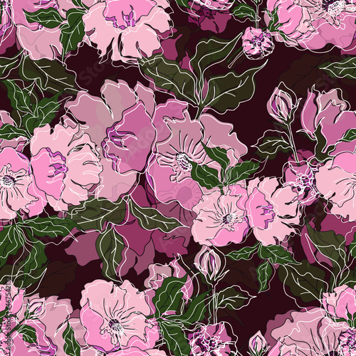 vector seamless pattern flowers with leaves. Botanical illustration for wallpaper, textile, fabric, clothing, paper, postcards