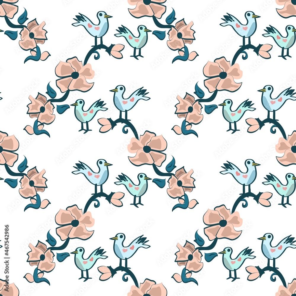 Fun Birds With Flowers Vector Repeat Seamless Pattern In Pale Pink And Blue