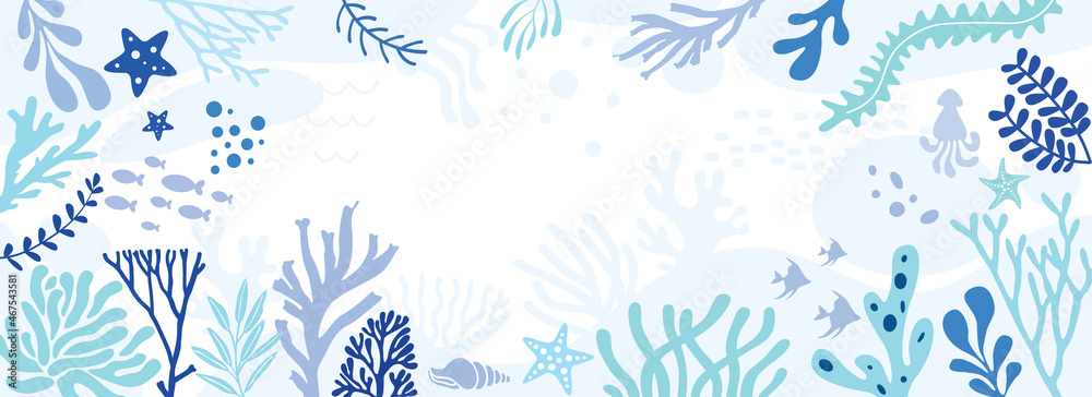 sea background for design. Design banner frame. Colorful background with tropical plants. Place for your text.