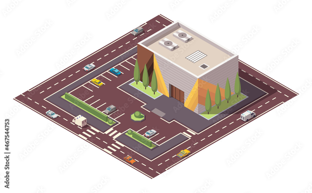 Obraz premium Isometric supermarket or grocery store building and street. isometric icon or infographic element representing mall building with parking lot. 3D shop market for city infrastructure