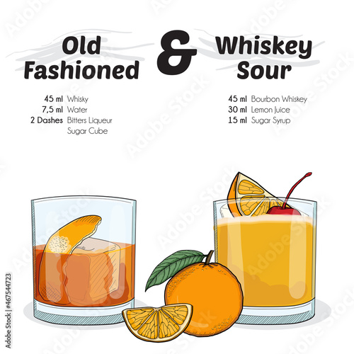 Hand Drawn Colorful Grog and Hot Toddy Cocktail Drink Ingredients Recipe